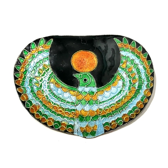 Egyptian Revival Eagle Cloisonné Enamel Silver Brooch Pendanz - Picture 2 of 4